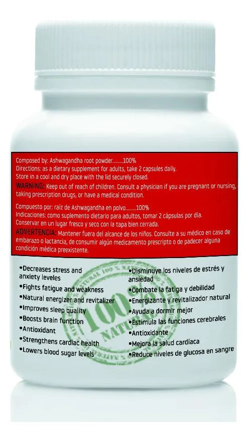 Ashwagandha (100% Pureza) ! 60 Cápsulas De 500mg Sabor Sin Sabor